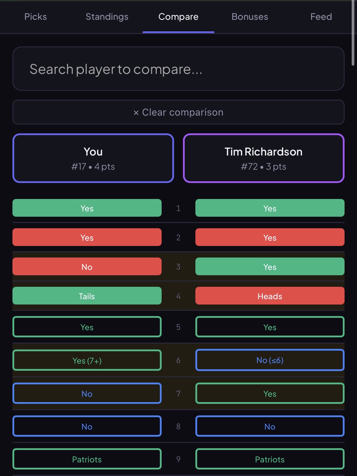 Compare feature showing side-by-side picks