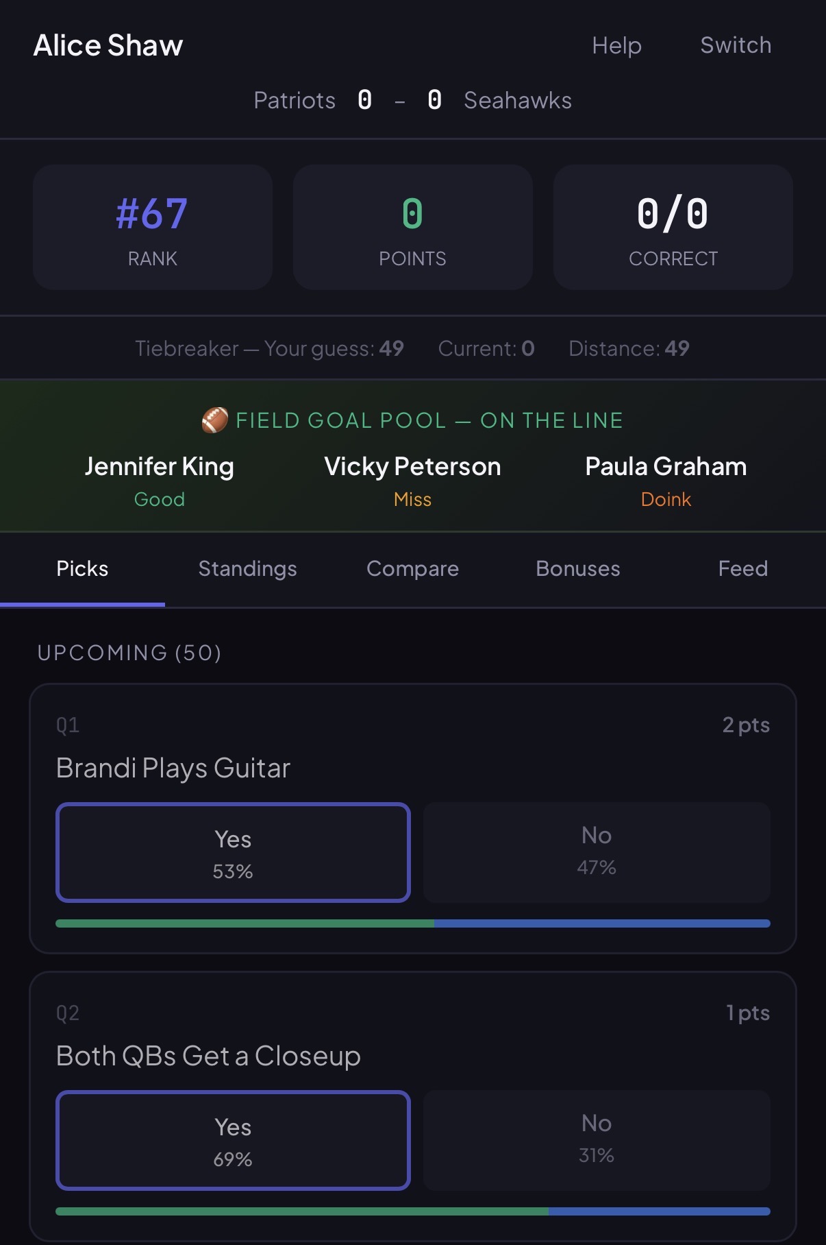 Live scoreboard showing rank, points, and picks